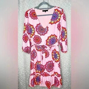 Gibson Look Casual V Neck 3/4 Sleeve 100% Rayon Midi Dress Lined Size L